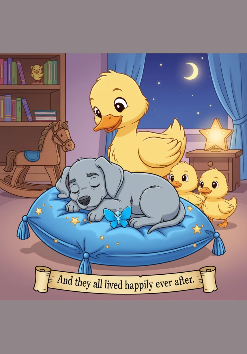 Back in his soft bed, Japie curls into a cozy circle and lets out a long, contented sigh. His eyes drift shut as he falls fast asleep, dreaming of the silver river and the many adventures that wait for him tomorrow.