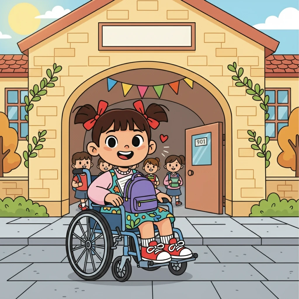 Fernanda, con su silla de ruedas y una gran sonrisa, se prepara para su primer día en la escuela República de China. Su corazón late con emoción y un poco de nervios mientras imagina cómo será su nueva vida en el aula 901. En su mochila, lleva un estuche lleno de lápices de colores y un cuaderno en blanco listo para llenarse de nuevas historias.