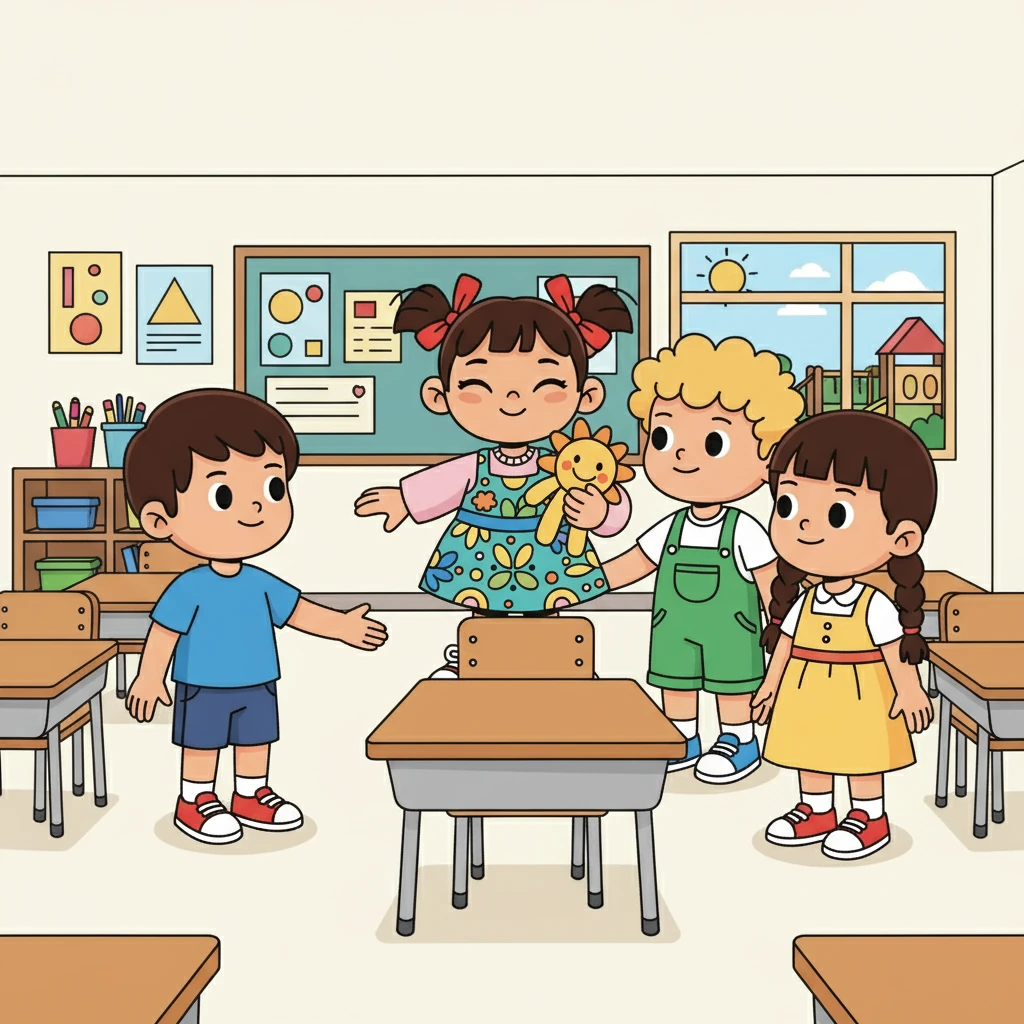 Zoe, Sofía y Andrés, al ver a Fernanda sola, se acercan a ella con amabilidad. Le dan la bienvenida y le ofrecen su ayuda para encontrar su pupitre. Fernanda se siente aliviada y feliz de conocer a estos nuevos amigos, que la hacen sentir aceptada desde el primer momento.