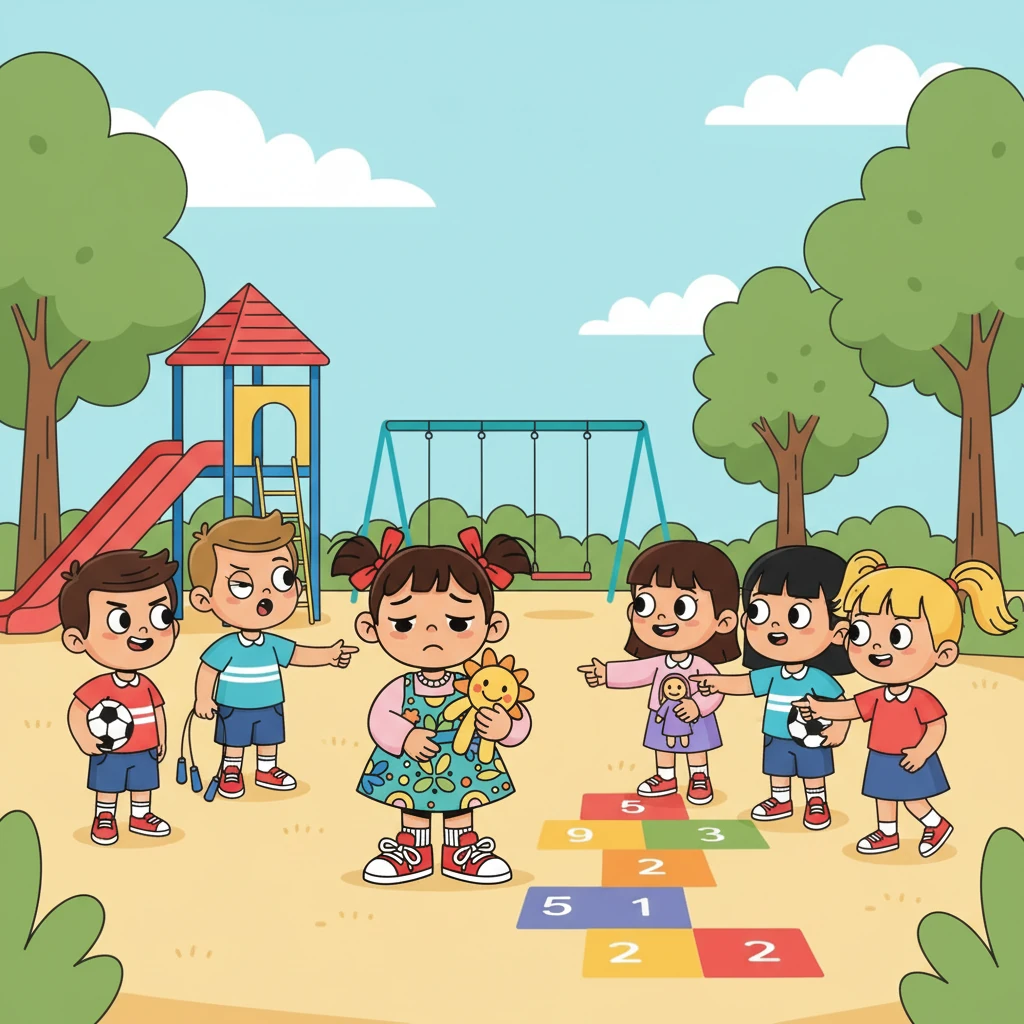 Durante el recreo, algunos compañeros se burlan de Fernanda y la excluyen de los juegos. Fernanda siente tristeza, pero Zoe, Sofía y Andrés la defienden, explicándoles que todos son diferentes y que la amistad no tiene límites.