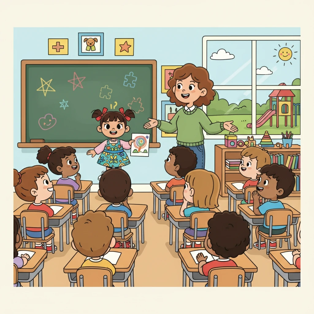 En clase, la profesora explica que todos son iguales y que cada uno tiene habilidades especiales. Fernanda participa activamente en las actividades, demostrando su inteligencia y creatividad. Sus compañeros comienzan a darse cuenta de que Fernanda es una niña valiosa.