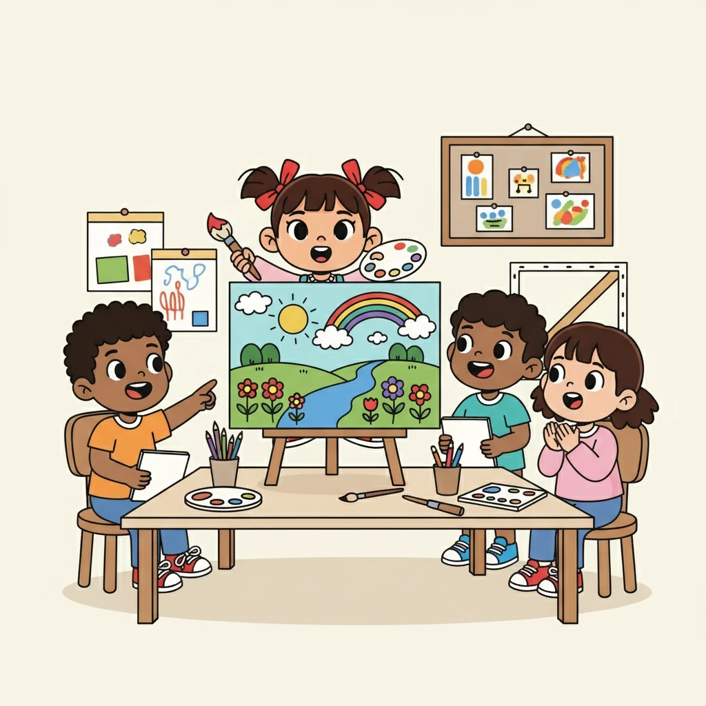 Un día, Fernanda dibuja un hermoso paisaje lleno de colores vibrantes. Sus compañeros quedan impresionados por su talento artístico y le piden que les enseñe a dibujar. Fernanda se siente feliz de compartir su pasión.