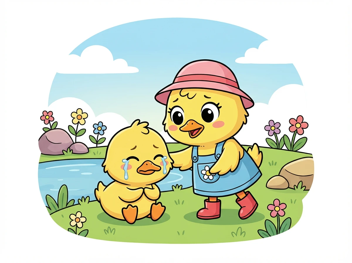 Cici mendekati anak itik itu dan bertanya, "Hai, kenapa kamu menangis? Siapa namamu?"