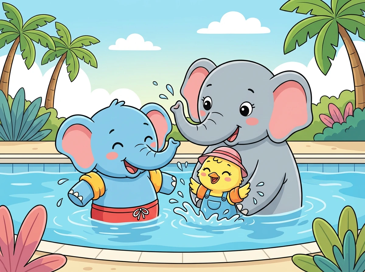 Cici, Dodo, dan ibu Dodo bermain air di kolam dengan riang gembira. Mereka menjadi sahabat baik.