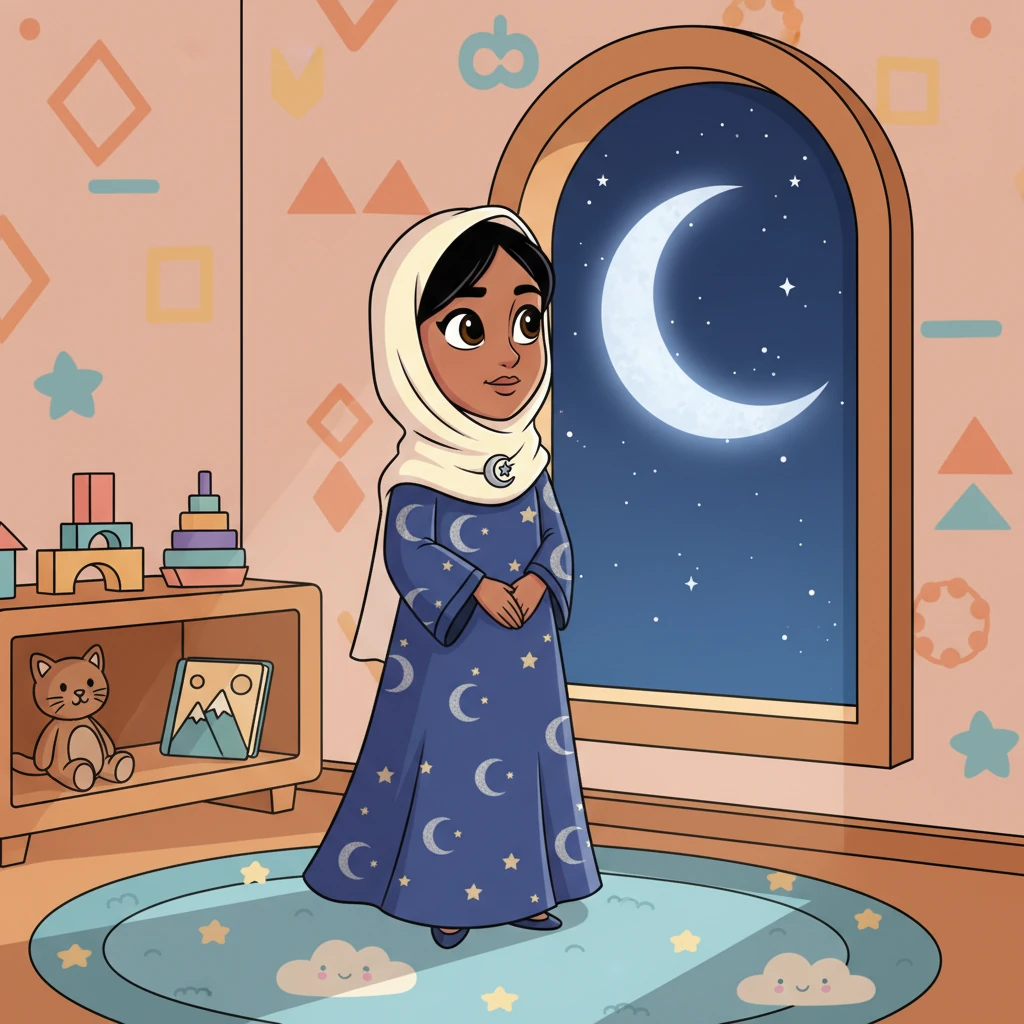 Layla stands by an arched window in her cozy home, the soft glow of a crescent moon bathing the room in silver. Her traditional dress flows gently as she gazes out, a thoughtful expression on her simplified, friendly face. The room is decorated with playful patterns and warm, inviting colors, hinting at a bustling day just passed.