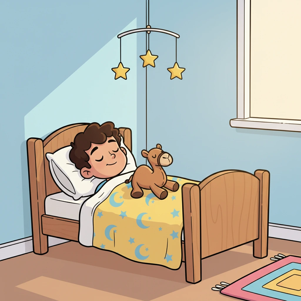 In a nearby room, her little son, Omar, sleeps soundly in his bed, a cheerful blanket tucked around him. A tiny, cartoon-style star mobile hangs above his head, and a plush toy camel rests beside him. His face is serene, a small, happy smile playing on his lips as he dreams.