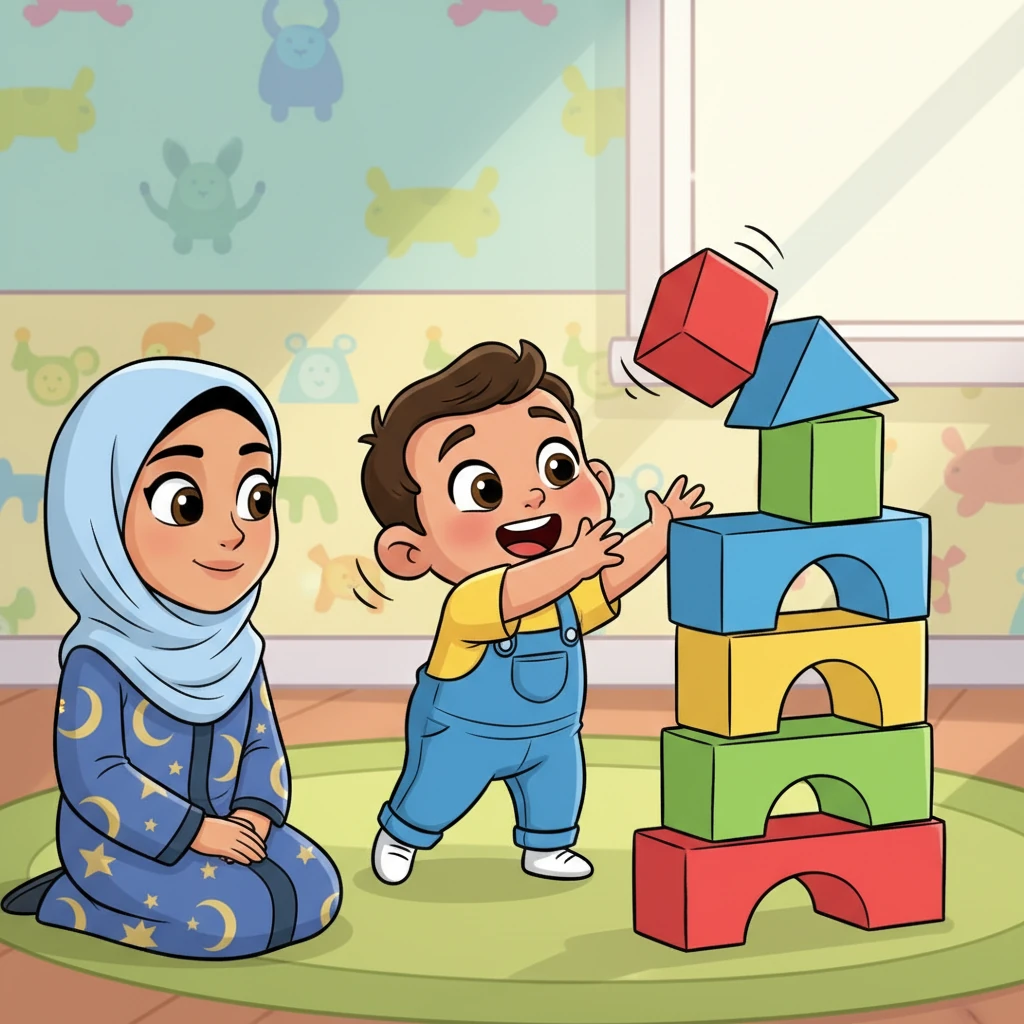 Layla's mind drifts back to a joyful moment from earlier. She fondly remembers Omar giggling as he stacked colorful, wobbly blocks, his tiny hands reaching excitedly. The scene is full of bright, primary colors and dynamic movement, capturing the pure fun of childhood play.