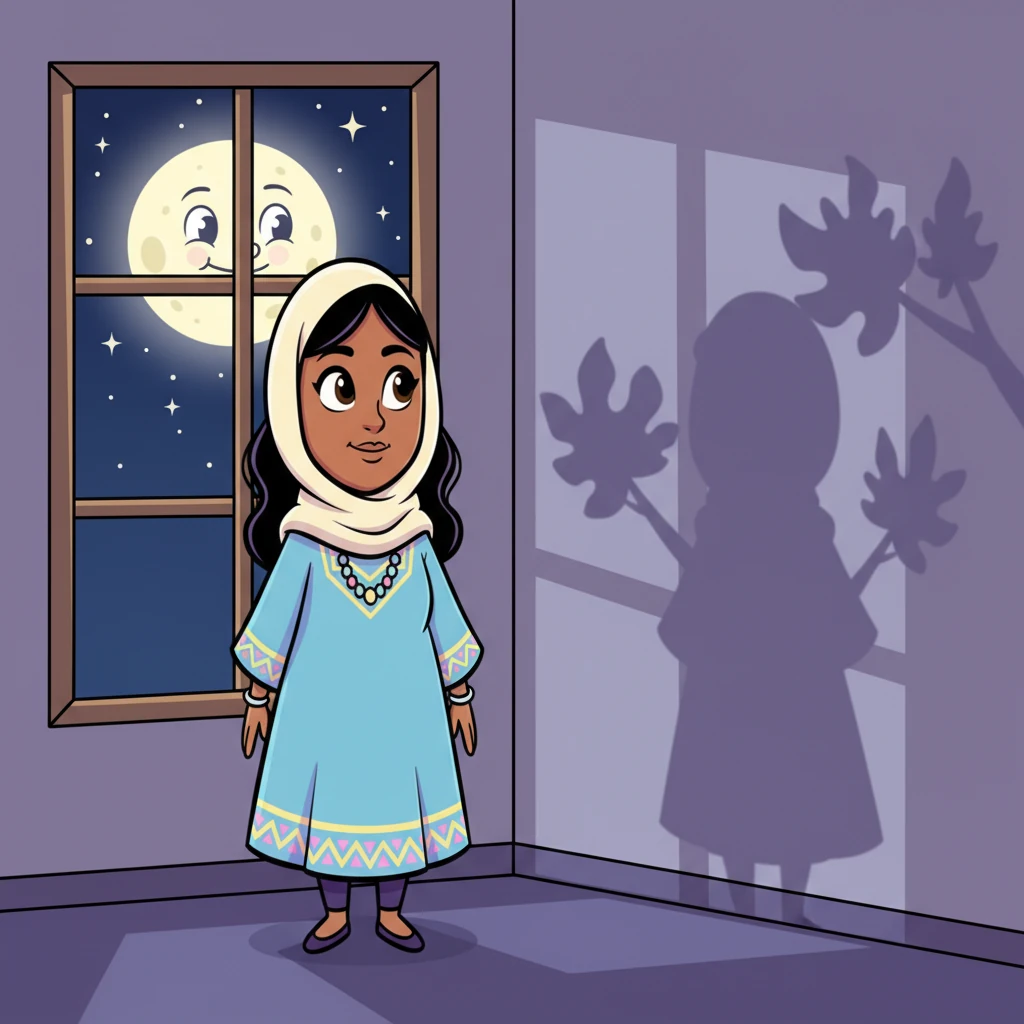 Outside the window, the moon seems to twinkle extra brightly, casting playful, exaggerated shadows of a tree's leaves onto Layla's wall. The shadows dance and sway like friendly little creatures, making her smile softly. The night sky is a deep, comforting blue, dotted with sparkling, cartoon stars.