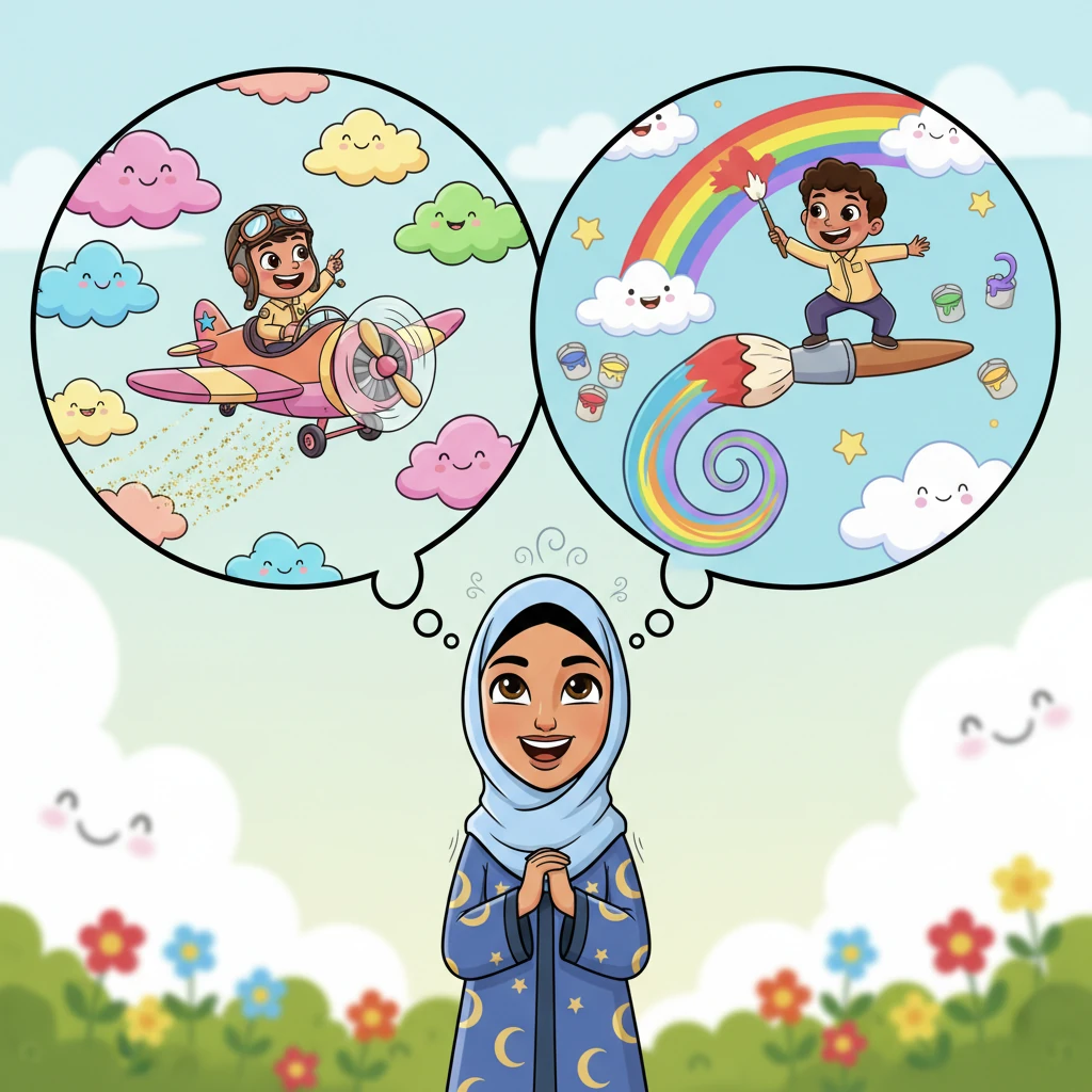 She imagines Omar's future, vibrant and full of possibility. In her mind's eye, Omar is soaring through a sky of candy-colored clouds as a brave pilot, or painting a giant rainbow across a whimsical canvas. These dream-images are bursting with exaggerated joy and fantastical details.