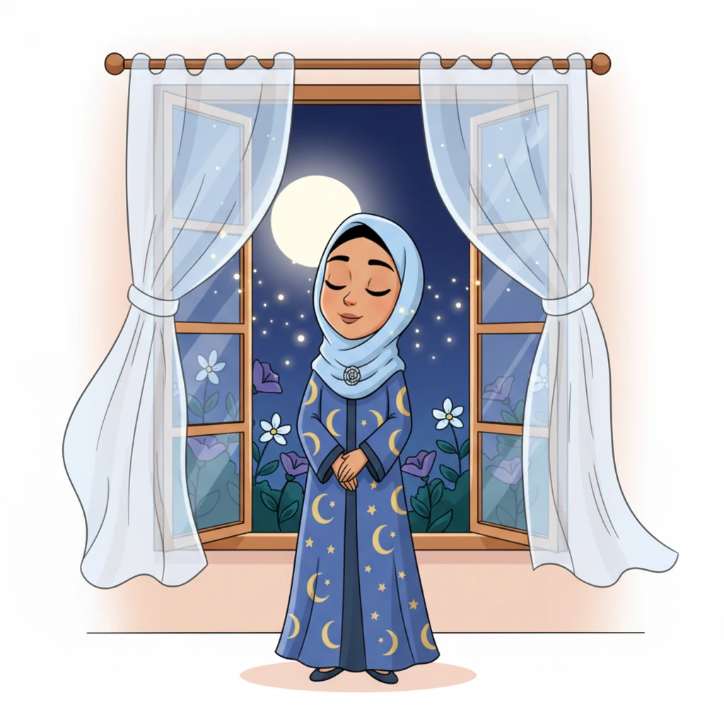A gentle, cartoon breeze wafts through the open window, carrying the sweet scent of night-blooming flowers from the garden. The sheer curtains billow out softly like friendly ghosts, adding a touch of serene magic to the quiet room. Layla closes her eyes, breathing in the peaceful night.