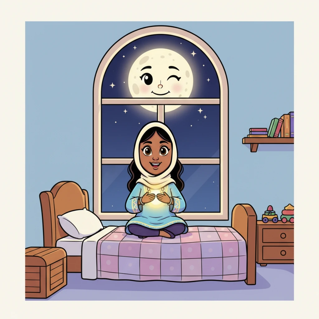 Opening her eyes, Layla feels a warm, fuzzy feeling spread through her chest, like a tiny sunbeam. The friendly moon outside seems to give a knowing wink, its round face beaming down. She feels a deep sense of connection to the world and her family.