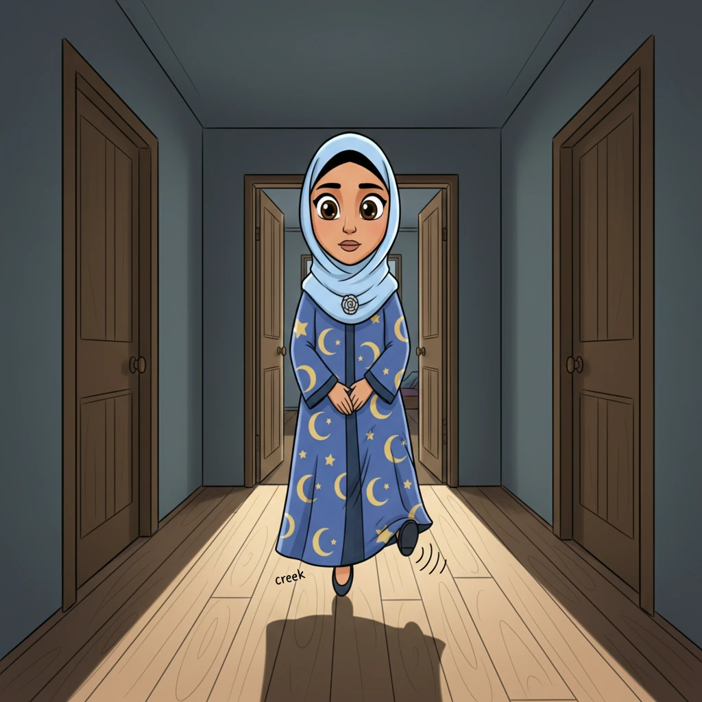 With a soft, almost silent step, Layla tiptoes down the hallway towards Omar's room. Her silhouette is tall and comforting against the moonlit floor. The wooden floorboards creak just a tiny bit, adding to the quiet charm of the night.
