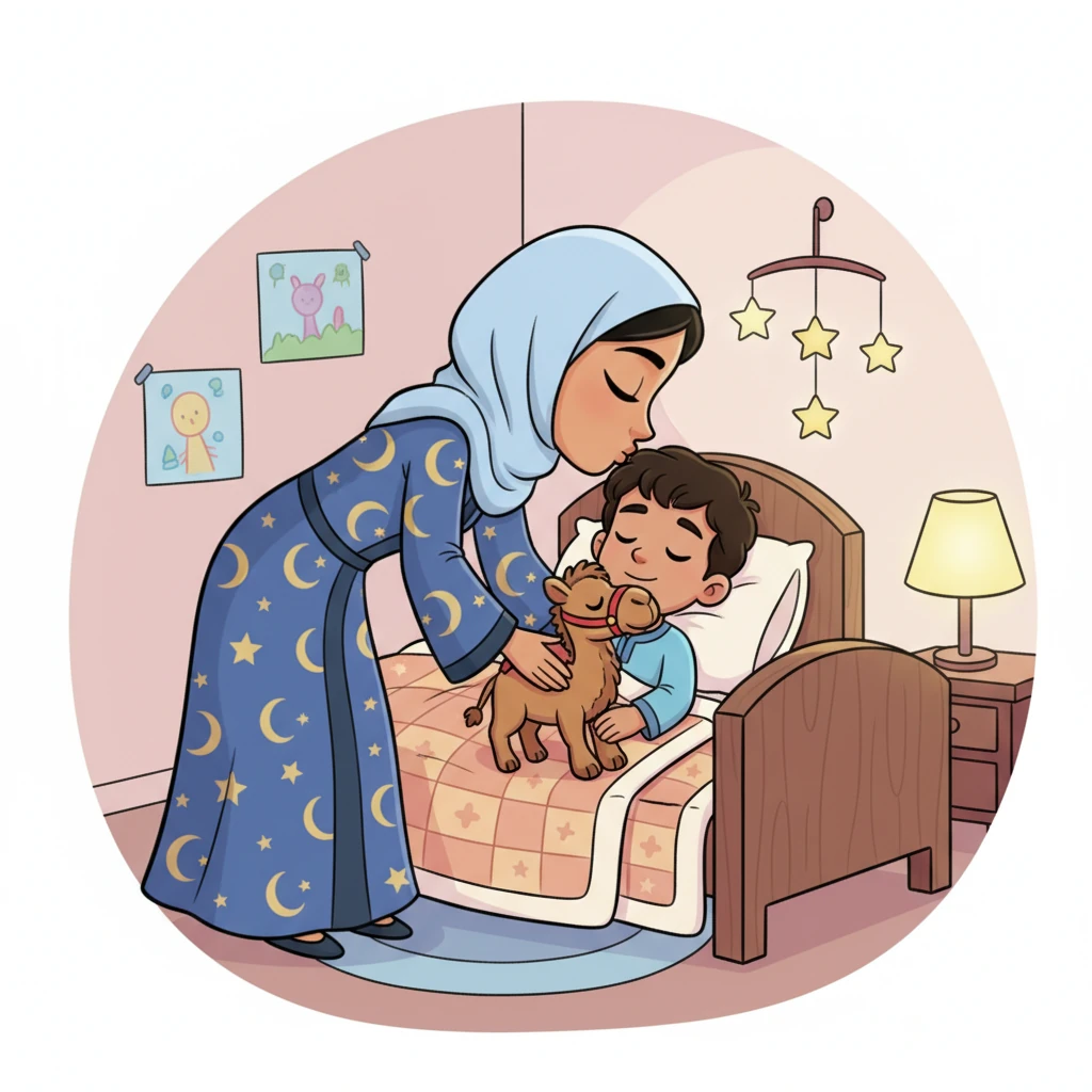 She leans over Omar's bed, gently tucking his blanket closer and planting a soft kiss on his forehead. Omar stirs slightly, letting out a contented sigh in his sleep. His little hand clutches his toy camel tighter, completely at peace.