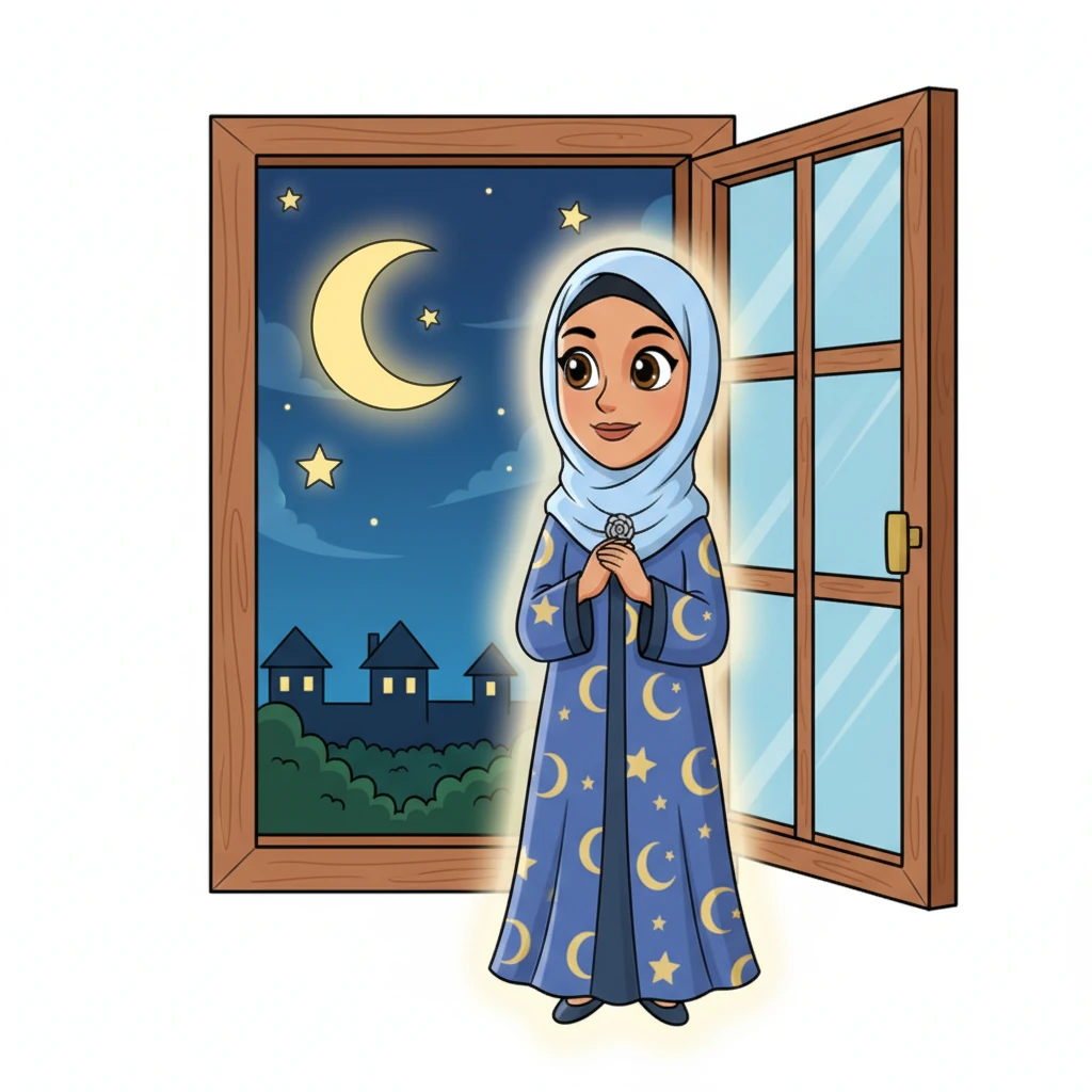 Layla returns to her window, a serene and loving smile gracing her lips. The moonlight now feels like a warm embrace, a silent companion in her quiet joy. She gazes out at the peaceful, cartoon night, her heart full of love and gratitude.