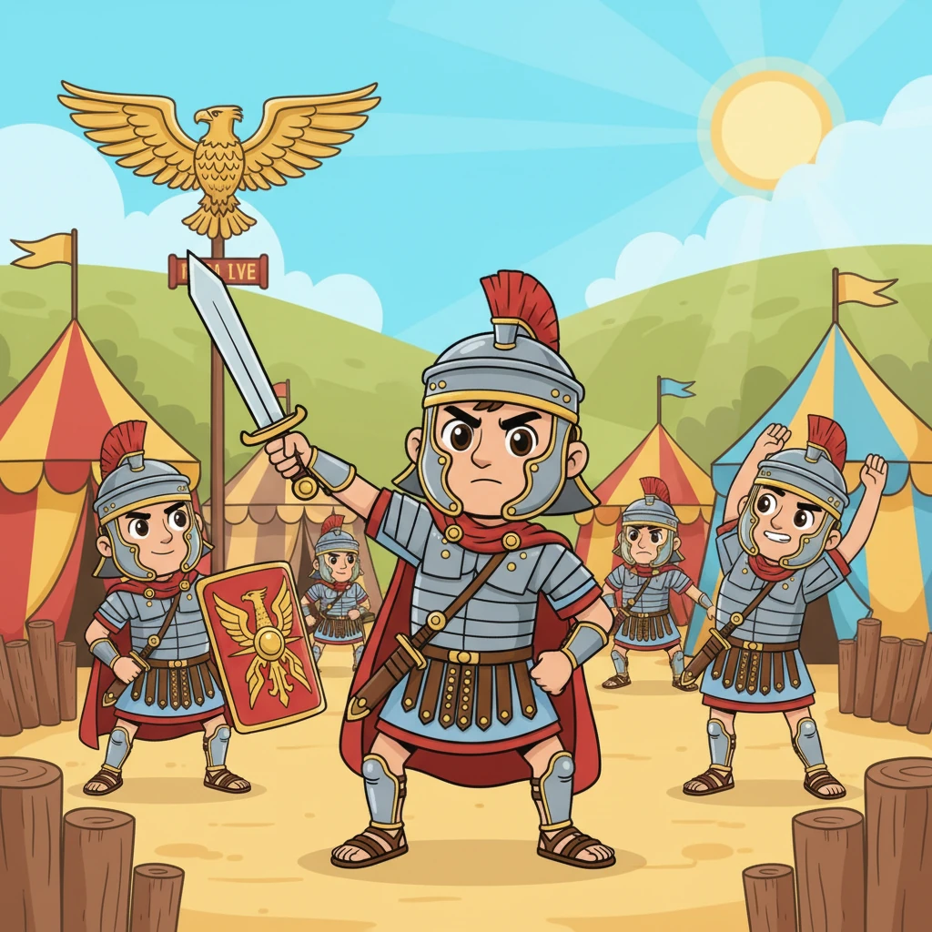 Valério, a Roman soldier with a stern but determined face, stands tall in a vibrant camp, his armor gleaming under the Roman sun. He's practicing with his gladius, surrounded by fellow soldiers in various states of training, preparing for a grand mission.