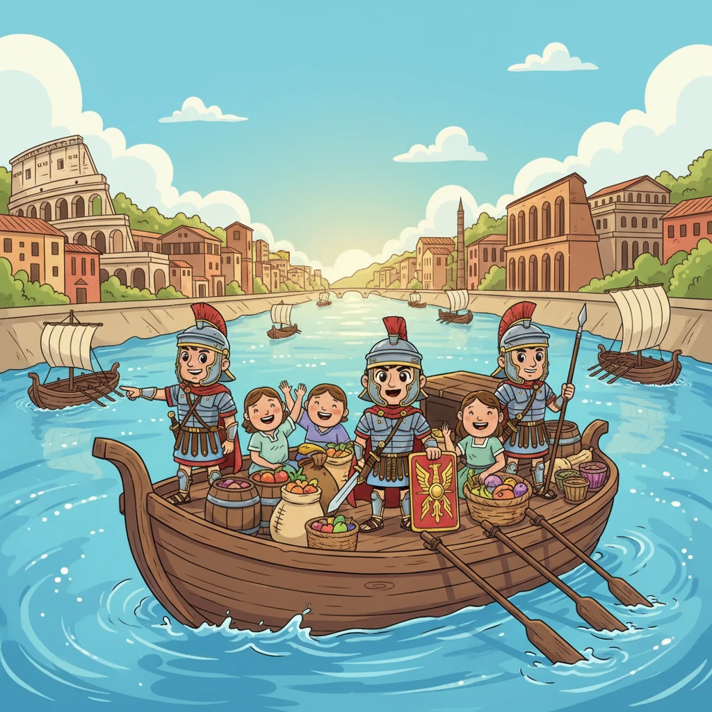 Barges filled with goods and cheerful travelers glide down the wide, sparkling Tiber River, leaving the majestic city of Rome behind. Valério and his comrades stand guard, their watchful eyes scanning the riverbanks as they journey towards the sea.