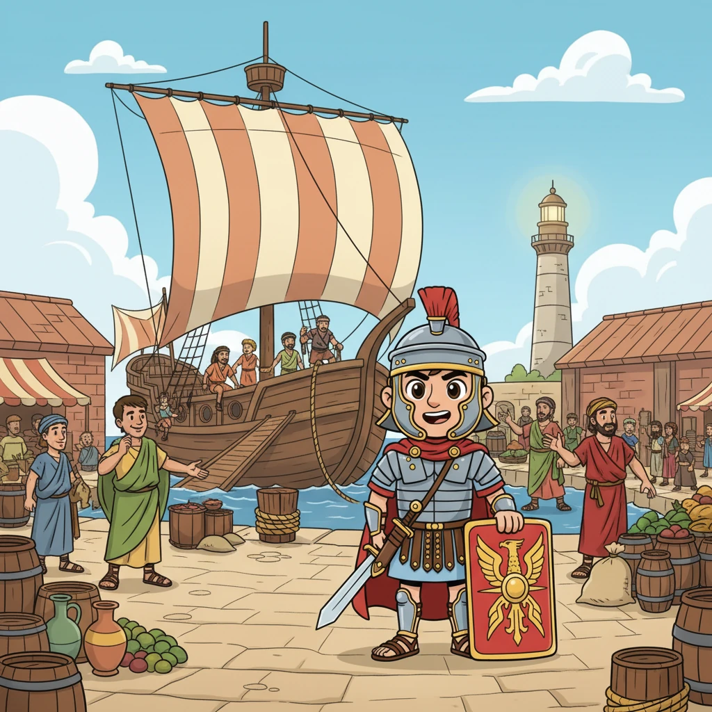 The bustling port of Ostia explodes with activity, a kaleidoscope of colorful ships, towering lighthouses, and busy warehouses. Merchants haggle, sailors tie ropes, and Valério watches the chaos with a sense of awe before boarding a large merchant vessel.