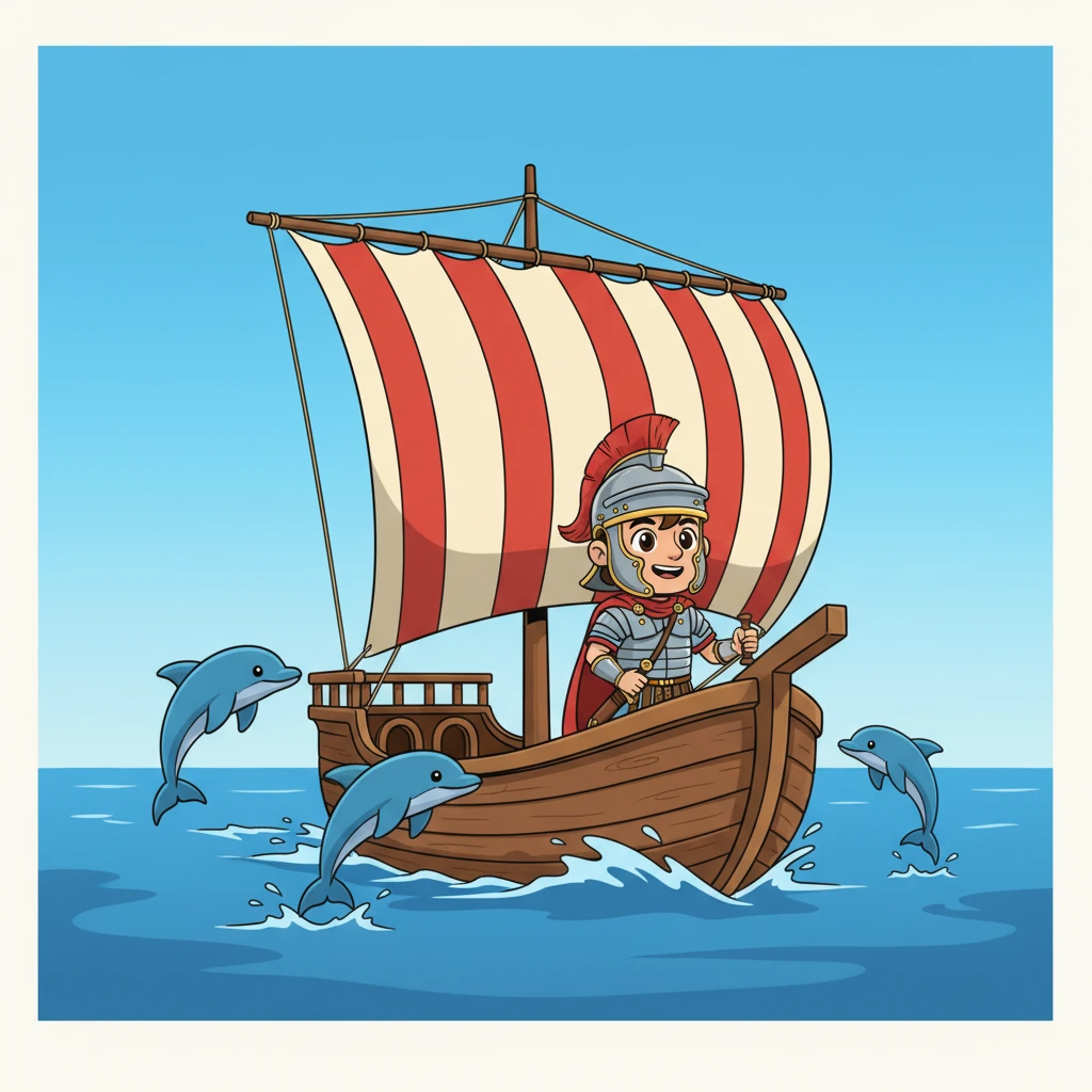 A sturdy Roman merchant ship with a billowing sail cuts through the calm, blue waters of the Western Mediterranean. Valério stands at the bow, a gentle breeze rustling his hair, as playful dolphins leap alongside the vessel, guiding their way.