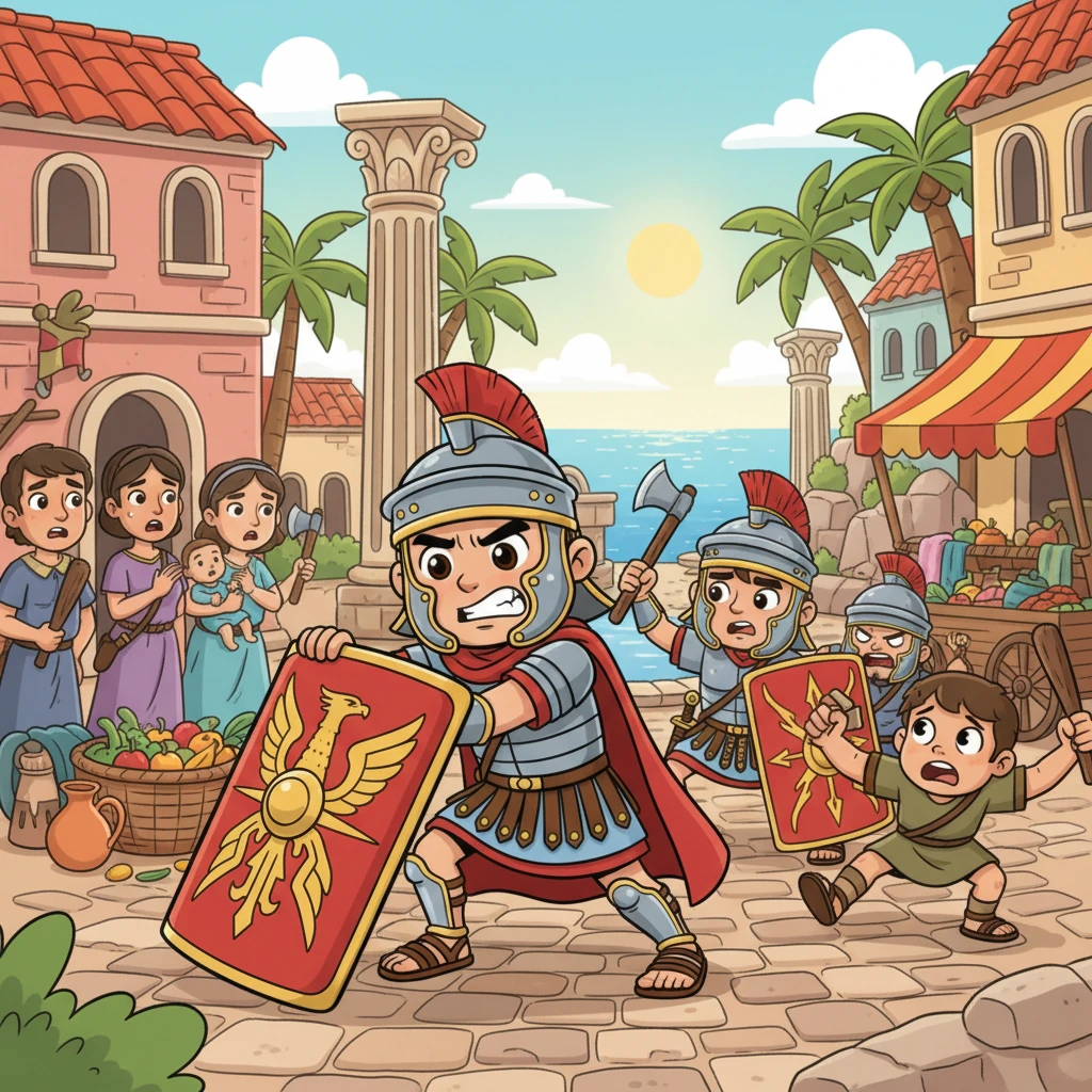 In the vibrant city of Barcelona, Roman soldiers clash heroically with invaders, their shields locked in a dynamic defense. Valério, with an exaggerated grunt, helps protect precious cargo and citizens, even as some brave comrades fall.