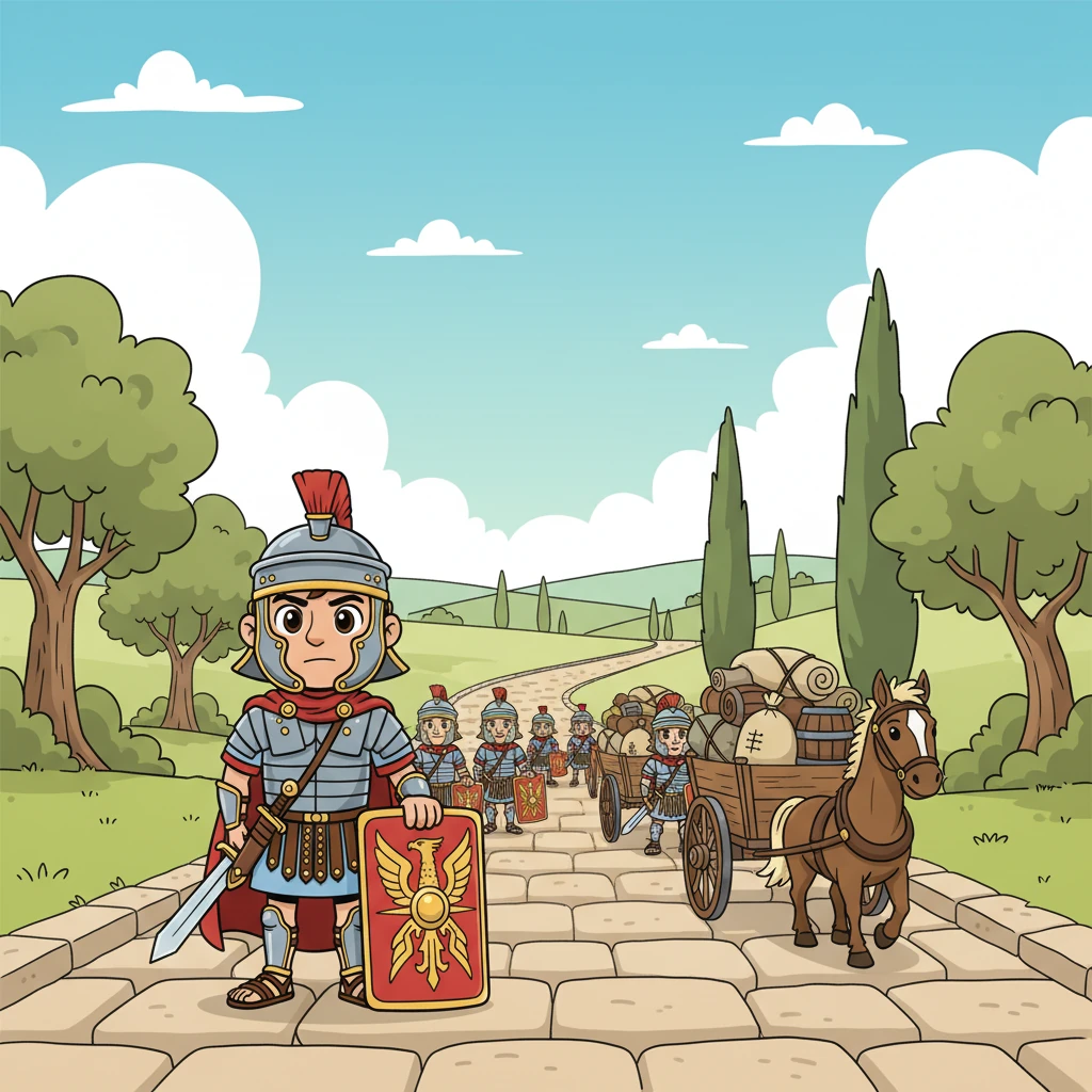 Valério and his weary but resolute legion travel along a magnificent Roman road, built with sturdy stones, stretching across a scenic landscape. Horse-drawn carriages, brimming with supplies, roll past rolling hills and ancient trees, making their way inland.
