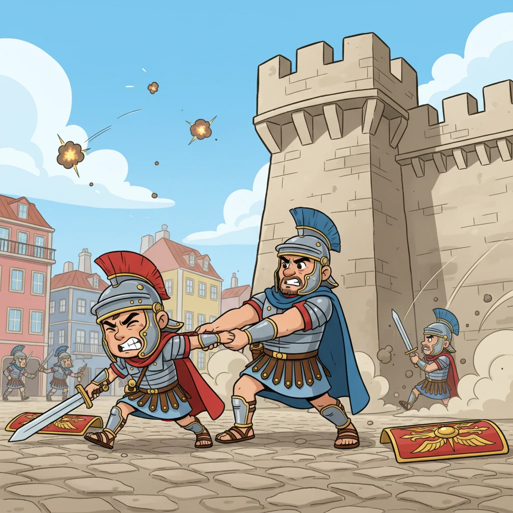 Suddenly, in the lively streets of Lisbon, Valério is caught in a surprise attack, his face showing a cartoonish grimace of pain. A loyal comrade swiftly pulls him to safety, dragging him towards a sturdy fortification as the battle rages around them.