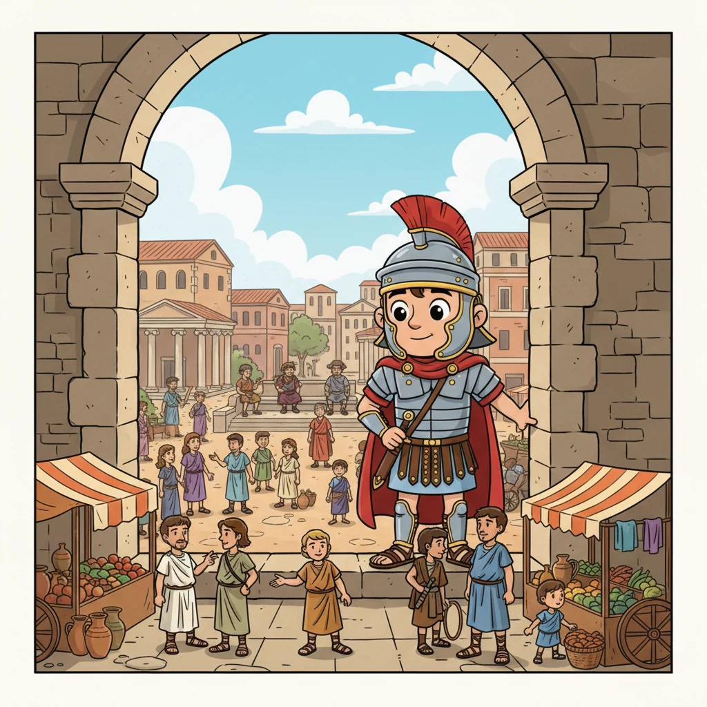Recovering inside a grand Roman fortification in Lisbon, Valério looks out over the bustling city square, the Forum, where citizens debate and merchants trade. He sees magistrates administering justice and people going about their daily lives, a vibrant heart of the city.