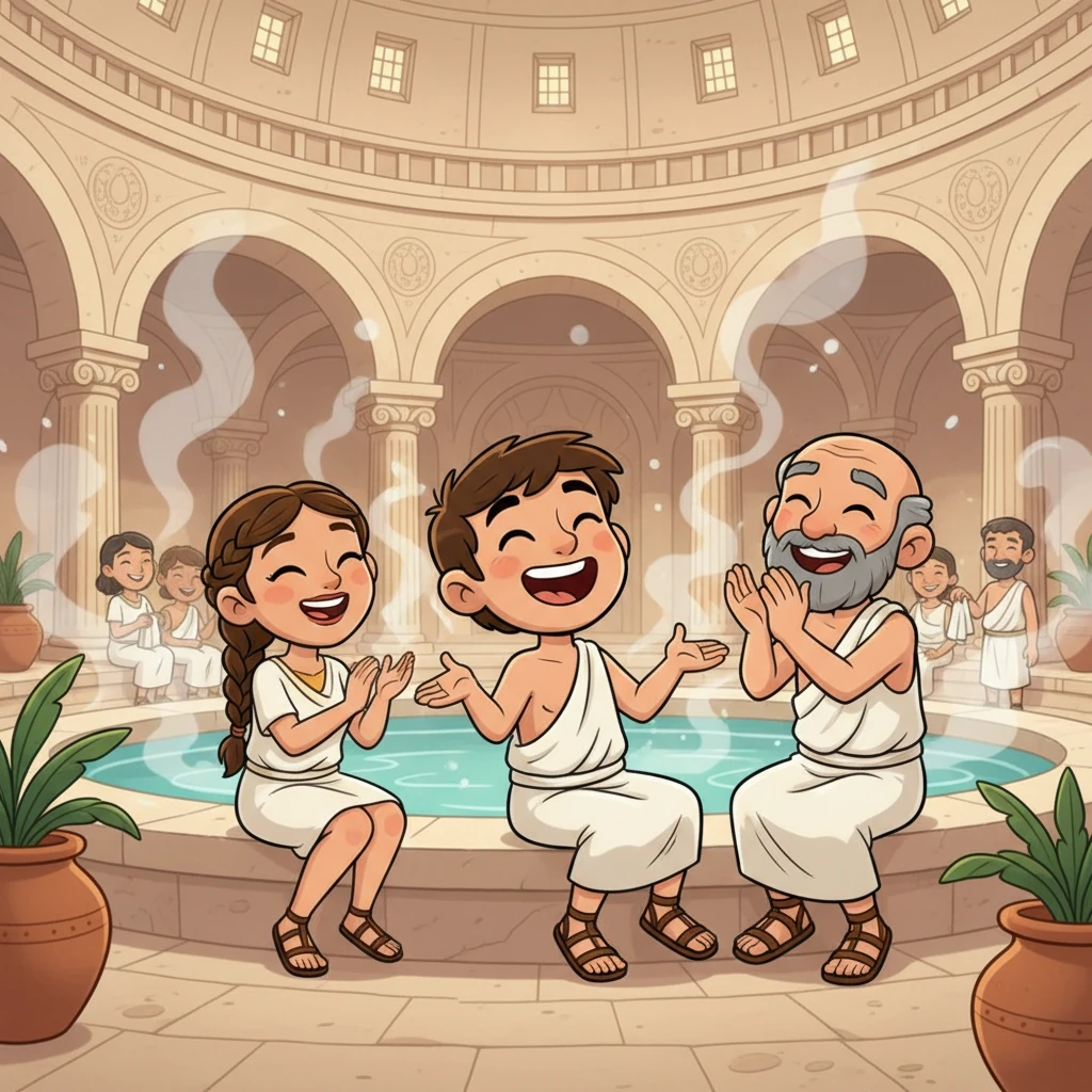 Valério enjoys a rare moment of leisure, either laughing heartily at a play in the grand Roman Theatre or relaxing in the warm, steamy baths, surrounded by other citizens. He's making new friends and experiencing the rich culture of Lisbon.