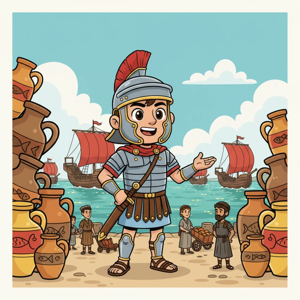 In the vibrant port of Lisbon, Valério stands proudly amidst towering stacks of Garum jars and bustling trade ships. He gazes out at the glittering Tagus River, filled with renewed determination, knowing that the Roman Empire's strength and culture will prevail.