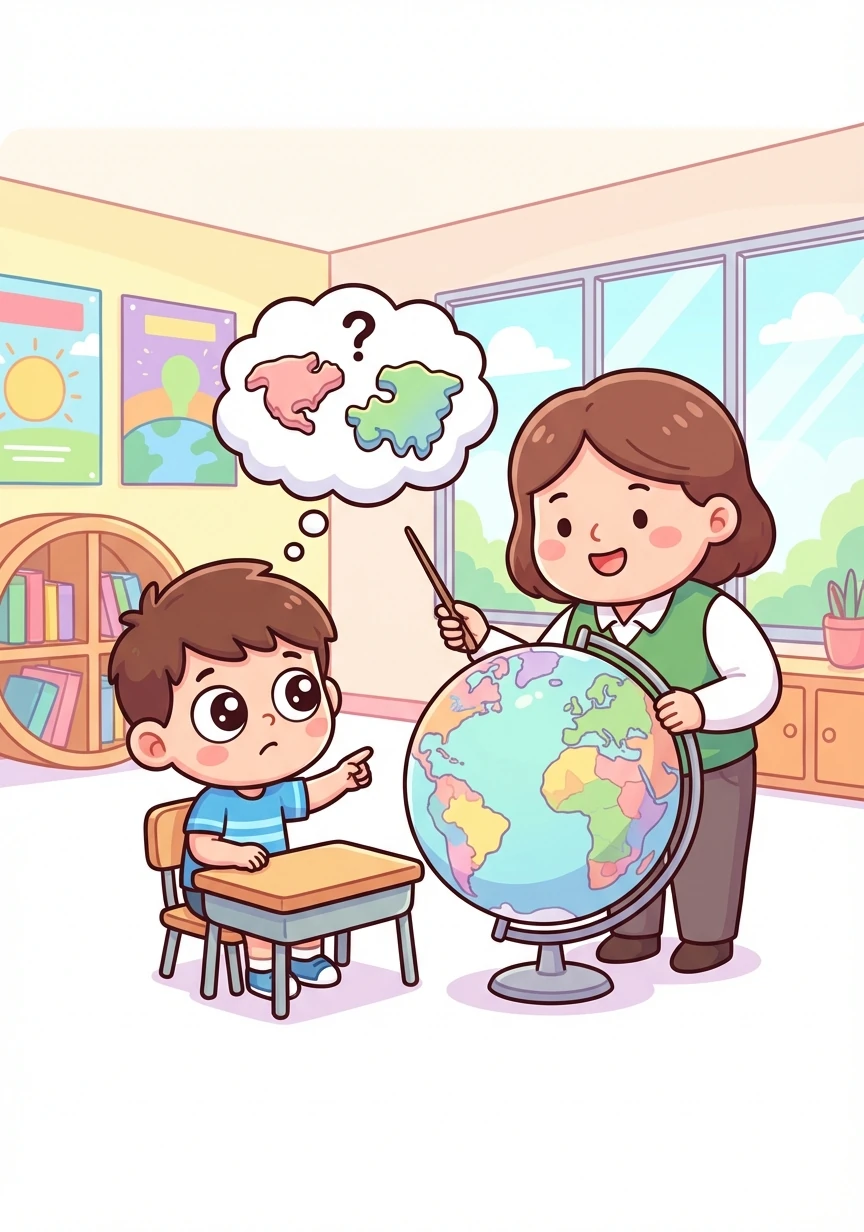 David sits in Mr. Kamina's class, looking puzzled. He asks, "Mr. Kamina, why do the continents look like they could fit together, and why do they move?"