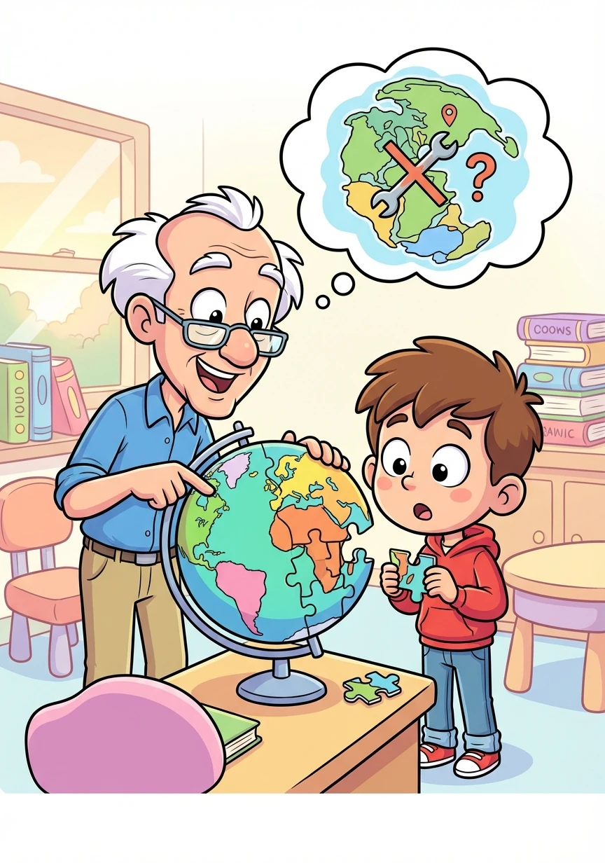 Mr. Kamina explains, "A scientist named Wegener noticed the continents looked like they fit together, too! He proposed the theory of continental drift!"