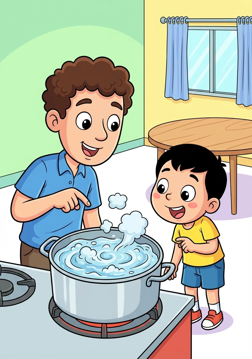Mr. Kamina points to a bubbling pot. "Deep inside the Earth, there are convection currents, like in this boiling water. These currents move the plates!"