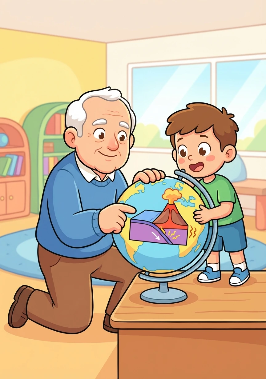Mr. Kamina explains, "That's where subduction comes in! One plate slides under another, often creating volcanoes and earthquakes."