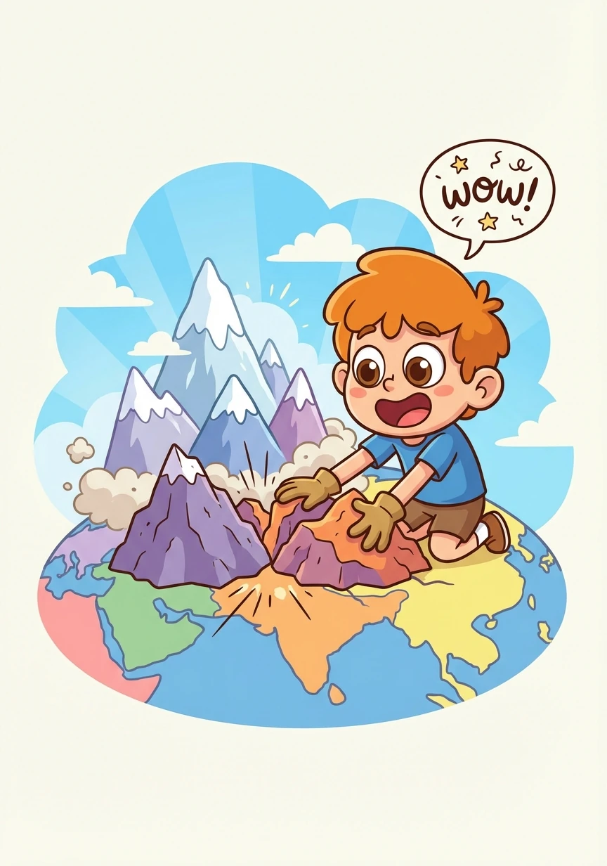 "Sometimes plates collide head-on. This is called conversion! When plates converge, mountains can form, like the Himalayas!"