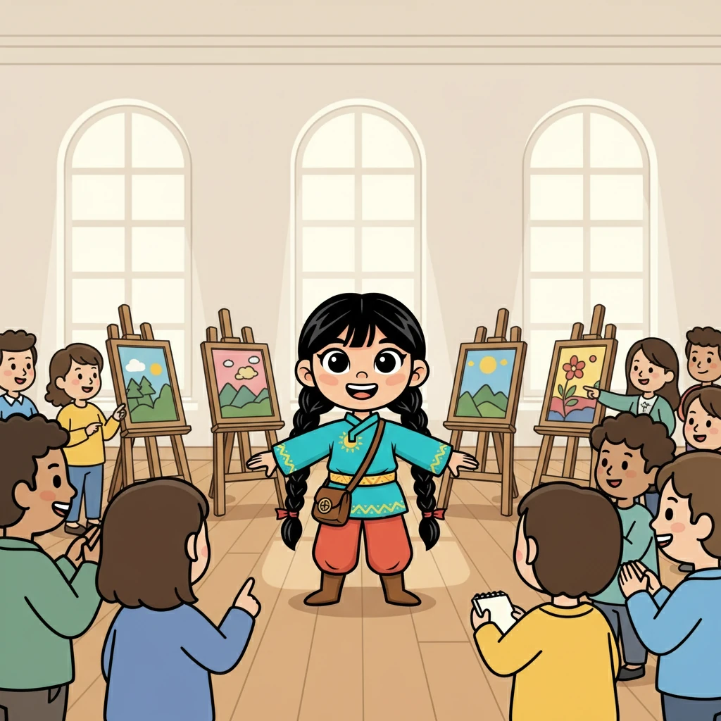 Сауле өз жұмыстарын көрмеге қойды. Көптеген адамдар оның суреттерін тамашалап, оған қызығушылықпен қарады. Сауле өзін нағыз суретші сияқты сезінді.