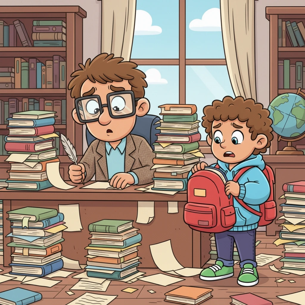 Professor Pixel sat at a desk piled high with papers, looking a little overwhelmed. Nearby, student Leo nervously checked his backpack, worried he might forget to turn in an important assignment. The old way of doing things felt messy and confusing for everyone.