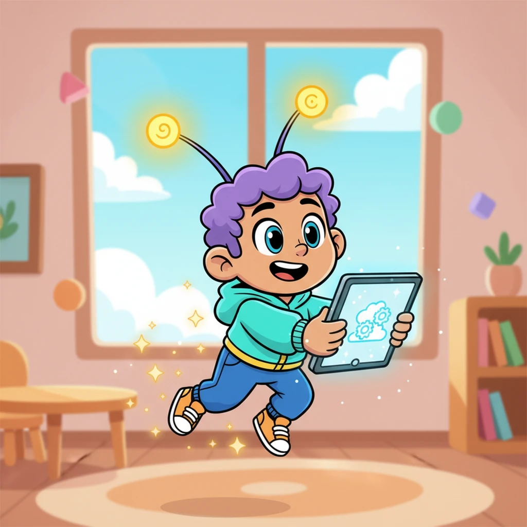 Suddenly, a tiny, cheerful character with glowing antennae zipped into the room! It was Wizzy Widget, a brilliant tech helper, sparkling with an idea. Wizzy held up a shimmering tablet, ready to introduce a brand-new digital solution.