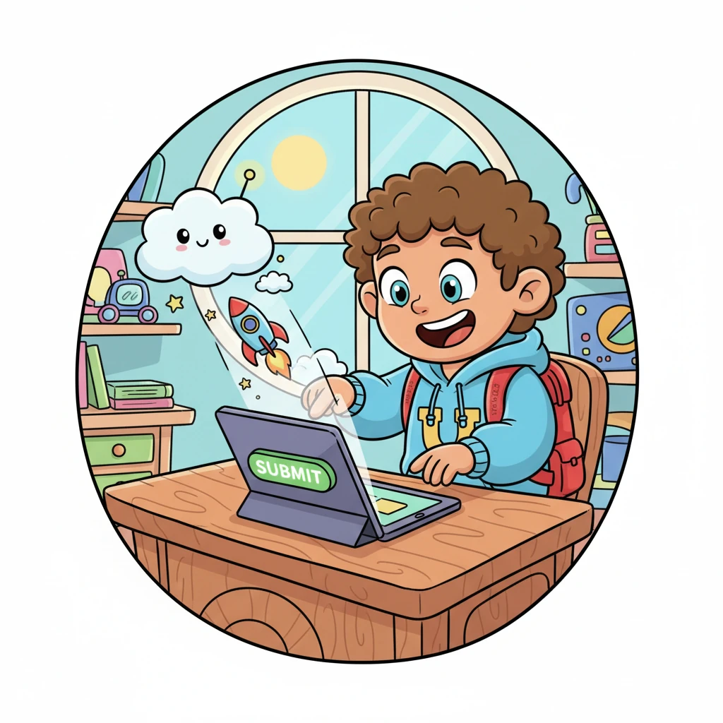 After finishing his homework, Leo clicked the 'submit' button with a grin. His digital assignment transformed into a tiny, happy rocket, zooming across the screen and off to Professor Pixel's virtual inbox. It was so much fun!