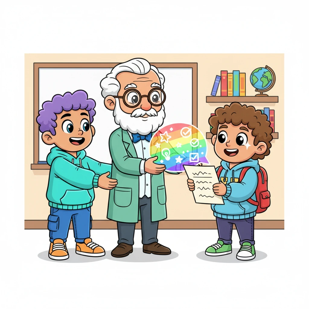 Wizzy helped Professor Pixel attach a vibrant, rainbow-colored feedback bubble directly to Leo's graded work. The bubble contained encouraging words and helpful tips, making learning feel like a joyful discovery instead of a chore.