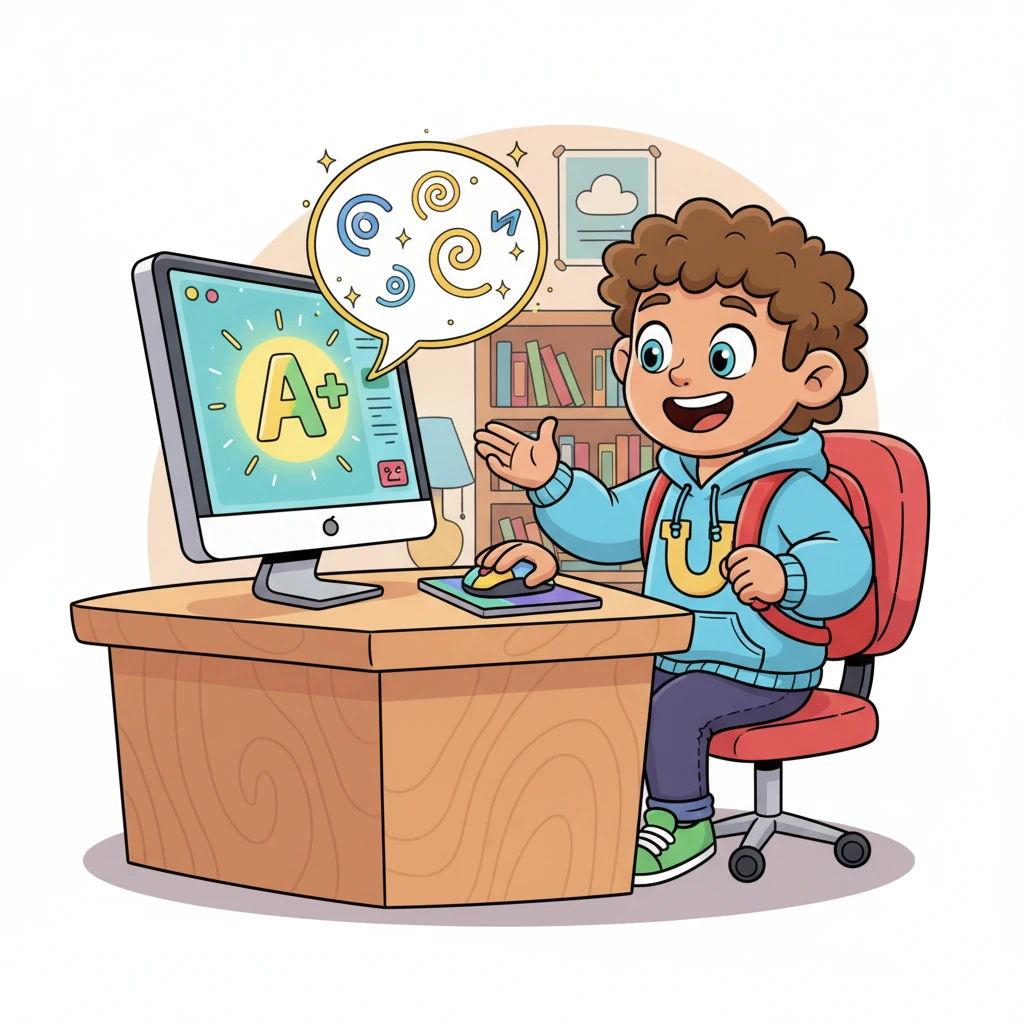 Back at his computer, Leo checked the Bright-Brain Portal and saw his new grade, along with the sparkling feedback bubble. He read the encouraging words, his face lighting up with understanding and pride. He knew exactly how to improve!