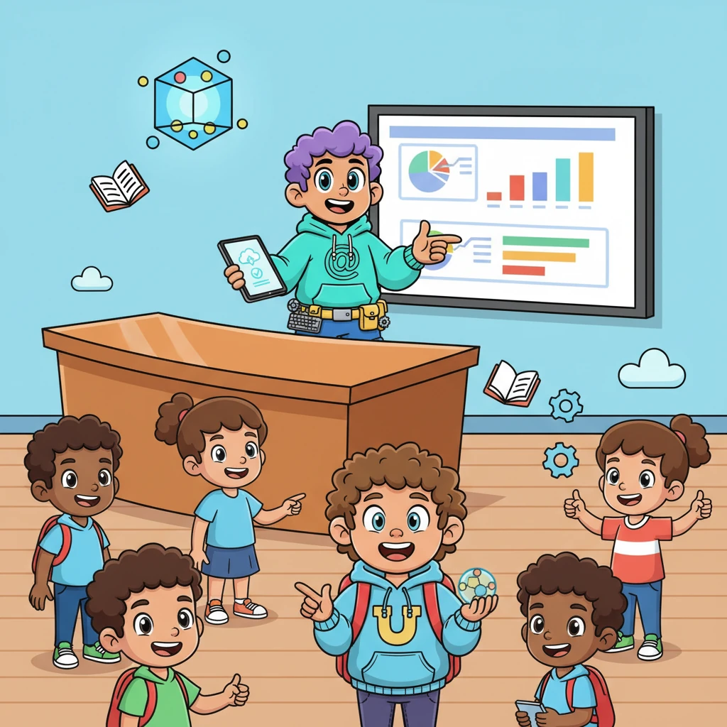 Thanks to Wizzy and the Bright-Brain Portal, Professor Pixel's desk was now perfectly clear and bright. Students like Leo were organized, happy, and always knew their progress. Learning became a smooth, enjoyable journey for everyone.