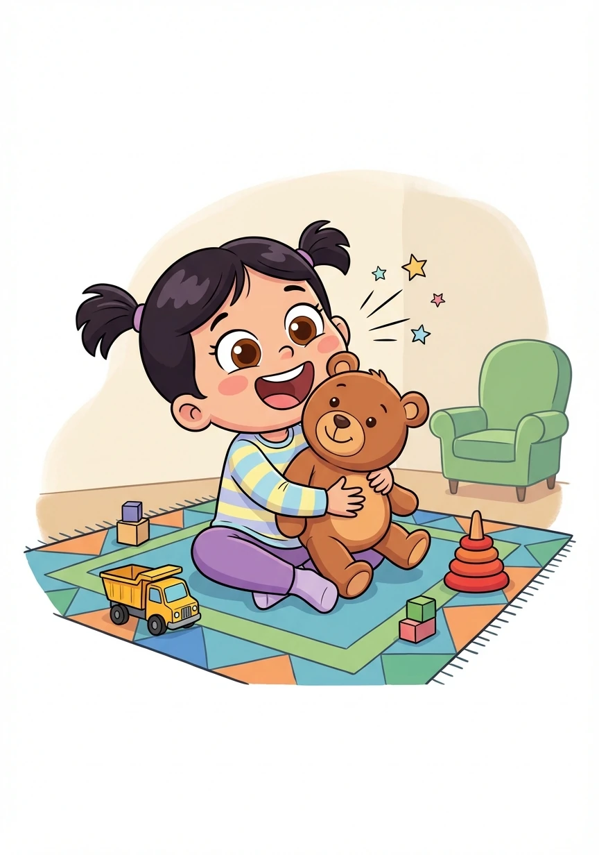 Chaelle joue avec ses jouets sur le tapis. Elle attrape un ours en peluche et le serre fort contre elle. Le rire de Chaelle résonne dans toute la maison.