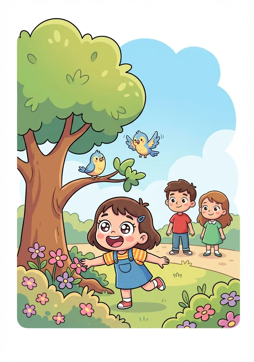 Chance et Sherlie emmènent Chaelle au parc. Elle découvre les arbres, les fleurs et les oiseaux. Ses yeux s'émerveillent devant toutes ces nouvelles choses.