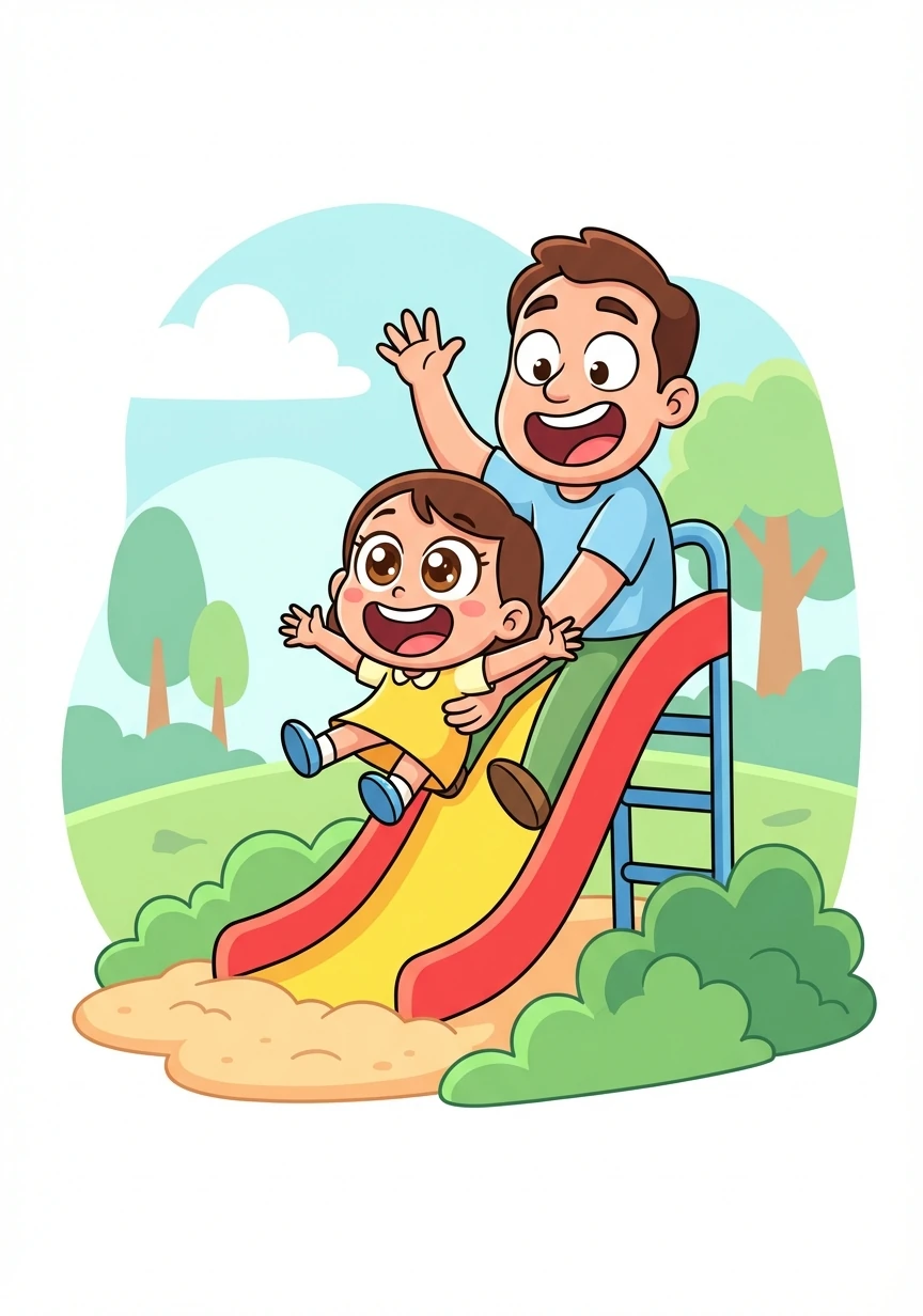 Chaelle fait du toboggan avec son papa. Elle crie de joie à chaque descente. C'est une journée remplie de rires et d'aventures.