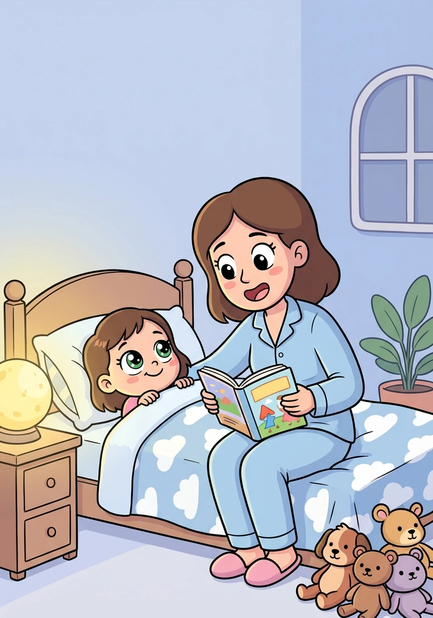 Sherlie lit une histoire à Chaelle avant de dormir. Chaelle écoute attentivement, les yeux brillants. Les mots doux de sa maman l'apaisent.