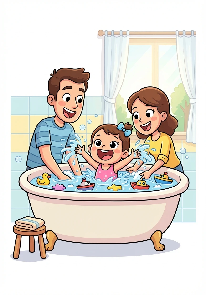 Chaelle prend son bain avec ses parents. Elle éclabousse l'eau partout et rit aux éclats. Un moment de complicité et de jeux.