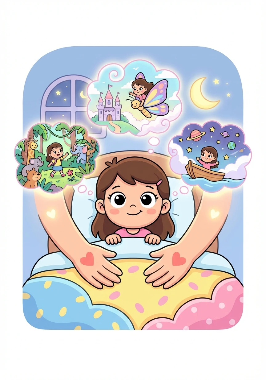 Chaelle rêve de mondes merveilleux et d'aventures incroyables. Elle se sent en sécurité et aimée, entourée de l'amour de ses parents. Demain est un nouveau jour rempli de promesses.