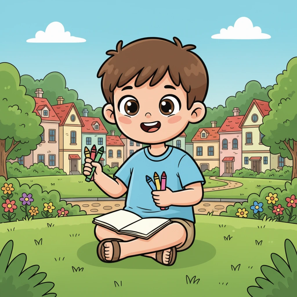 يجلس ليمو الصغير، ذو السبع سنوات، في حديقة البلدة الهادئة، شعره البني القصير يلامس نسمة لطيفة. عيناه الواسعتان تتلألآن بفضول بينما يمسك أوراق رسمه وألوانه الزاهية. ابتسامته العريضة تزين وجهه، وخلفه تتراءى بيوت صغيرة ساحرة وأشجار خضراء مورقة.