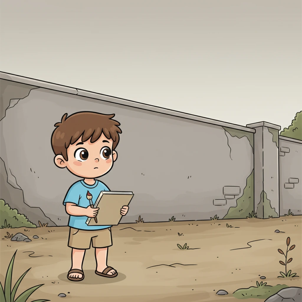 بينما كان ليمو يرسم، لاحظ جدارًا رماديًا كبيرًا في زاوية مهملة من الحديقة، يبدو باهتًا وحزينًا. لم يكن هناك أي زهور أو ألوان تبهج المكان، فبدت الزاوية فارغة ومملة. شعر ليمو برغبة قوية في تغيير هذا المنظر.