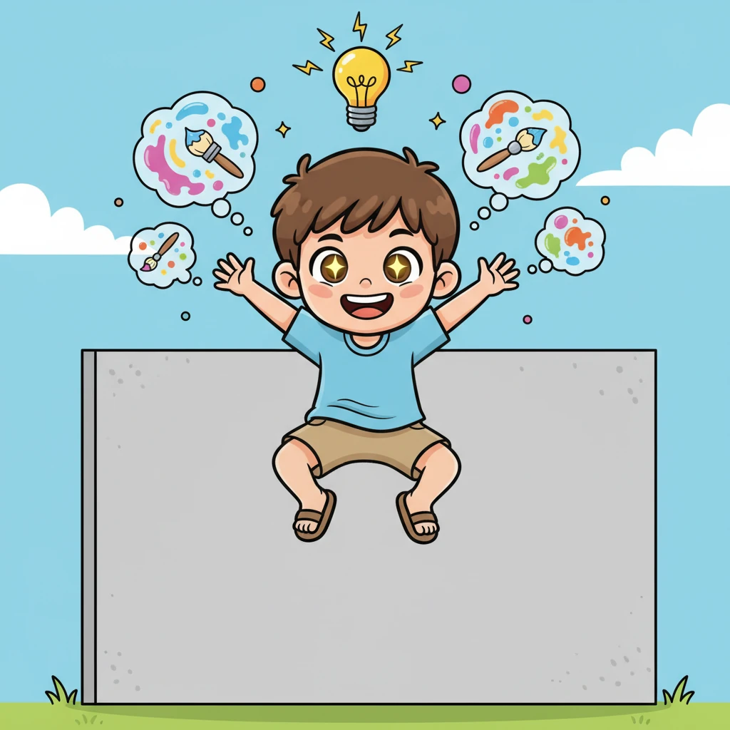 فجأة، أضاءت فكرة رائعة في عقل ليمو مثل مصباح سحري! اتسعت عيناه وبدأ يبتسم بخبث، متخيلًا كيف يمكنه أن يحول الجدار الرمادي إلى لوحة فنية نابضة بالحياة. قفز من مكانه بحماس، وقلبه ينبض بالمغامرة.