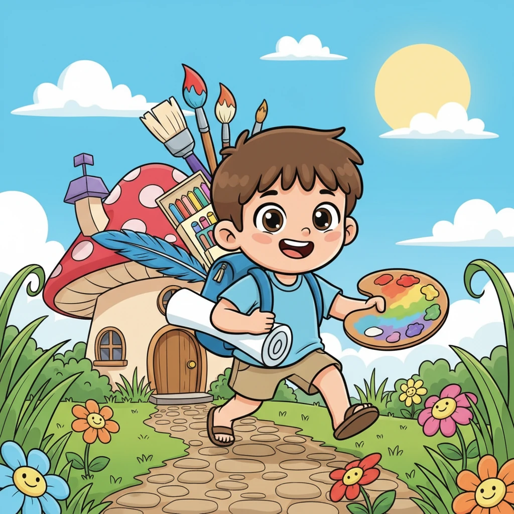 هرع ليمو إلى منزله الصغير، وجمع كل ما لديه من ألوان وريش رسم كبيرة وصناديق طباشير ملونة. كانت حقيبته الصغيرة تمتلئ بالأدوات الفنية، وهو يخطط لعمل فني كبير. كان متحمسًا جدًا للبدء بمشروعه الجديد.